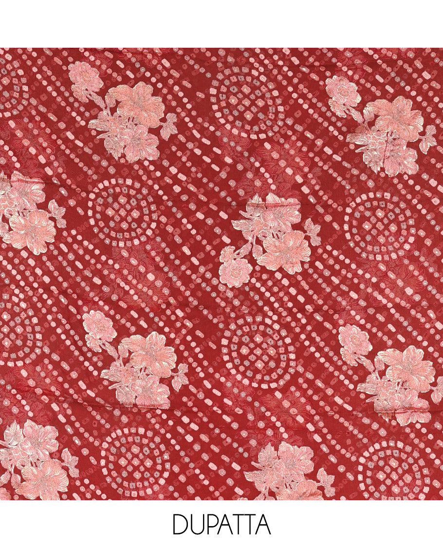 Maroon material chudidar set, plain with fancy thermacol balls neck work Vichitra top, cotton bottom, and floral with bandhani printed dupatta
