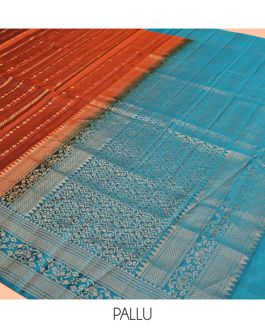 Rust Mayuri Lite Silk Mix Saree, Finely Crafted with Zari Designs All Over Its Body, Complemented by a Contrast Border of Vanki and Floral Designs, Beautifully Bedecked Pallu, and Paired with a Contrast Blouse