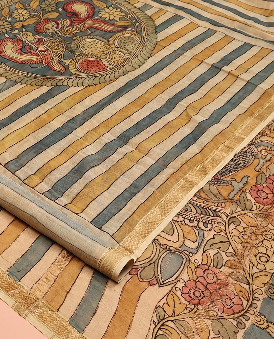 Blue-Sandal Peacock Pen Kalamkari Silk Saree, a Zari Border, Peacock Pallu, a Matching Blouse