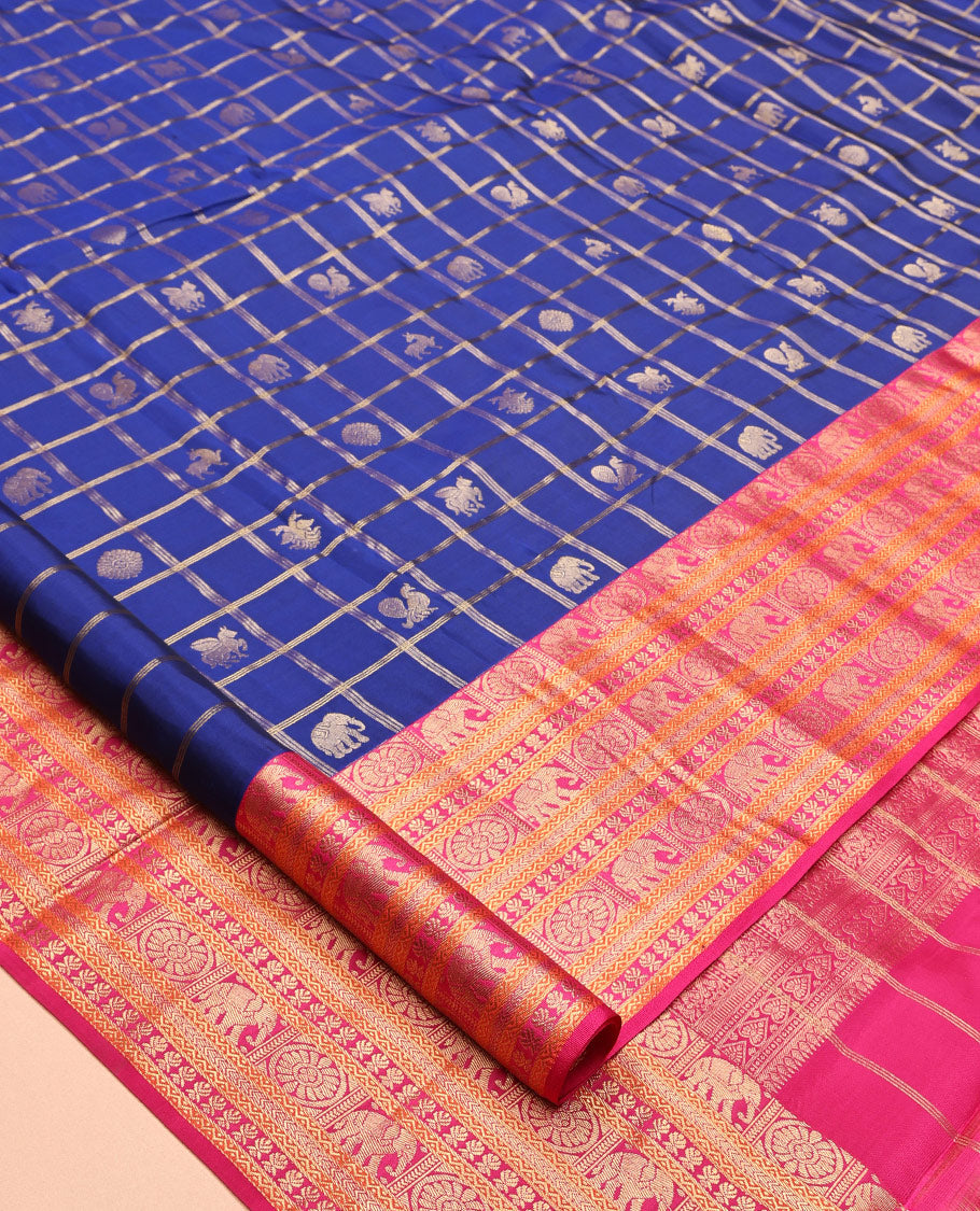 Blue Vasundhara Lite Silk Mix Saree, Enriched with Butta Enclosed Checks, a Contrast Border of Yaanai, Chakram, and Neli Designs, Vanki Pallu, and a Contrast Blouse