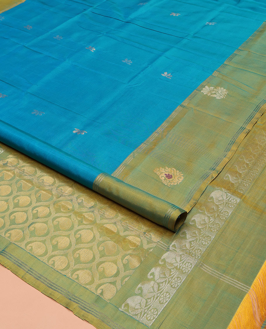 Blue Uppada Silk Saree, Beautified with Floral Buttas All Over Its Body, Complemented by a Contrast Border of Meena Buttas, Pallu of Paisley Butta Enclosed Checks, and Paired with a Contrast Blouse