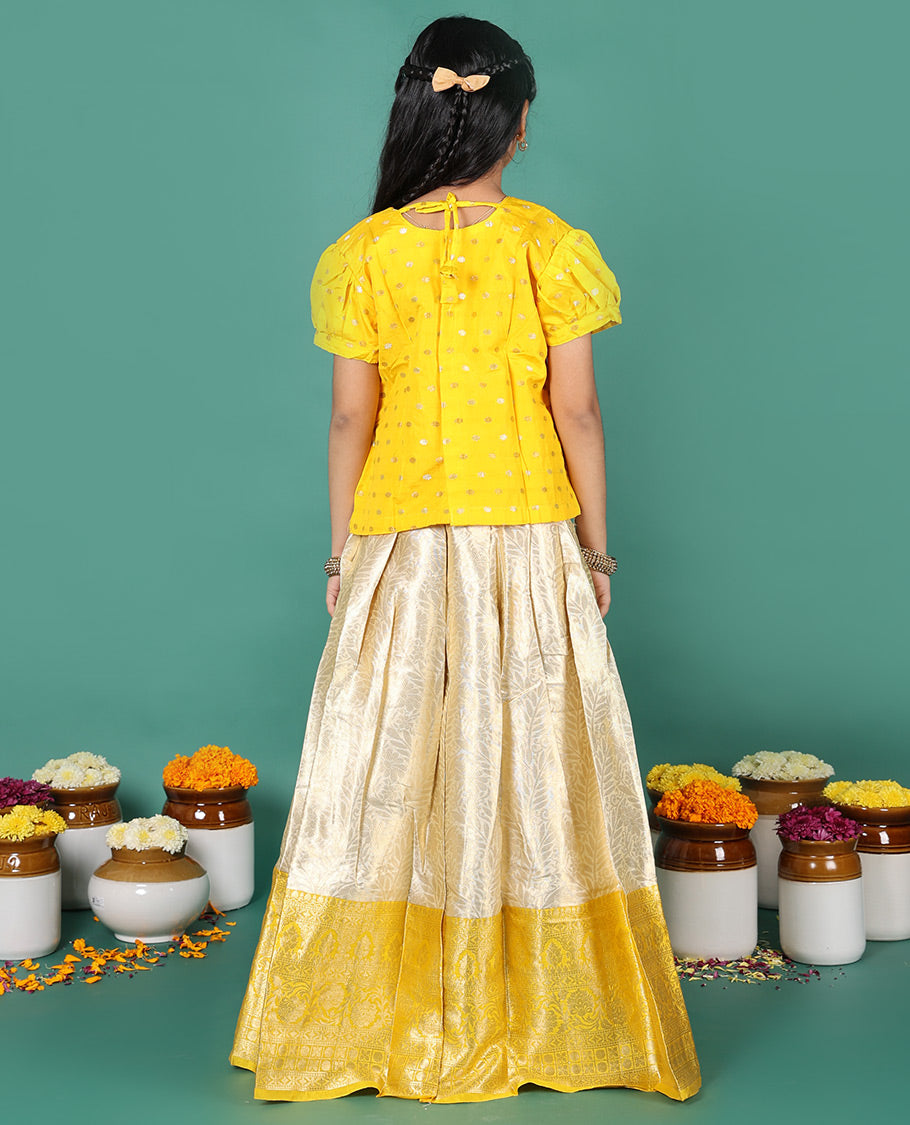 Sandal readymade art silk pavadai, jacquard & contrast zari border skirt & contrast zari buttas embroidered puff-sleeve blouse