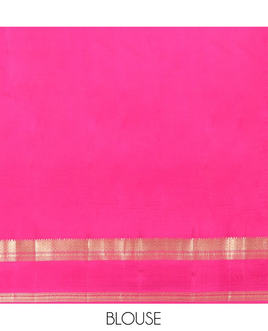 Orange Kanchipuram Silk Saree, Elevated with Zari Buttas on Its Body, Complemented by a Contrast Rettai Pettu Border of Rekku, Mayil Kann, and Kathir Designs, Grand Pallu of Jaal Designs, and Paired with a Contrast Blouse