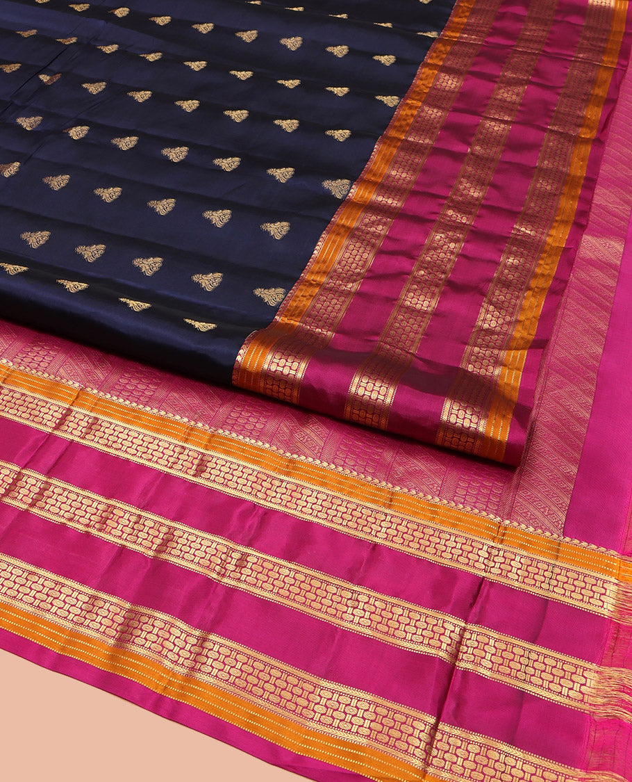 Blue Vasundhara Lite Silk Mix Saree, Elevated with Zari Buttas All Over Its Body, Complemented by a Contrast Border of Manga Mokku, Muthu, and Rudraksham Designs, Gracefully Embellished Pallu, and Paired with a Contrast Blouse