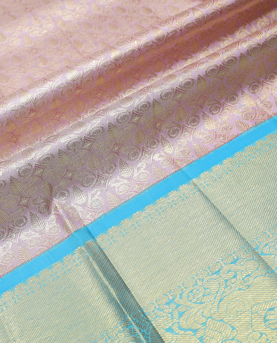 Baby pink floral jaal silk half saree with contrast vorder of paun , banaras design, zari design blouse & zari design border dhavani