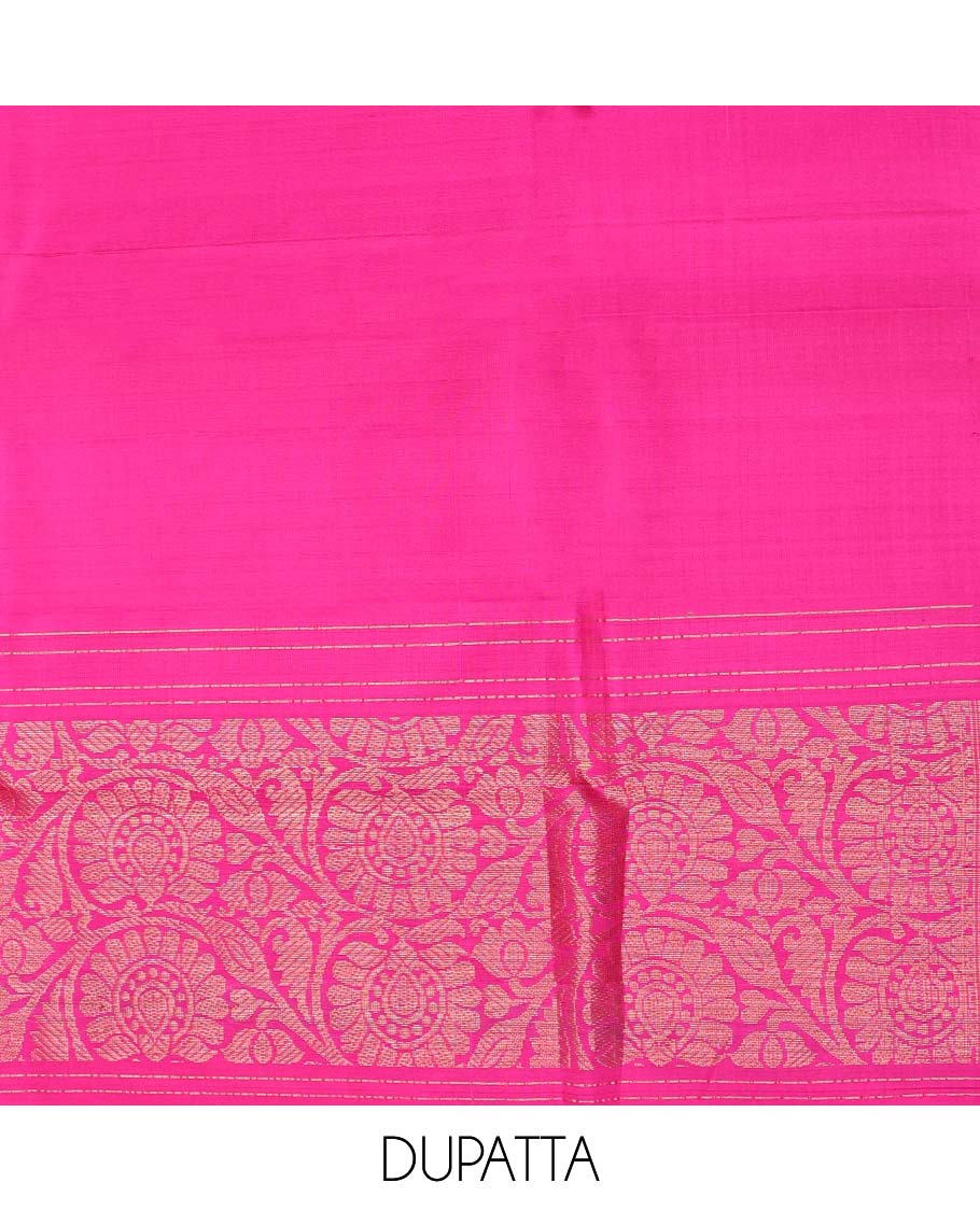 Sandal floral jacquard pure silk half saree with contrast zari design border, zari design blouse & floral zari design dhavani