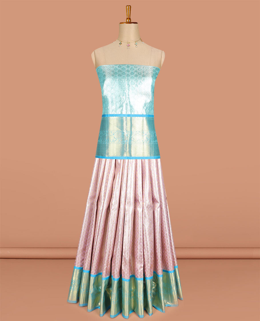 Baby pink floral jaal silk half saree with contrast vorder of paun , banaras design, zari design blouse & zari design border dhavani