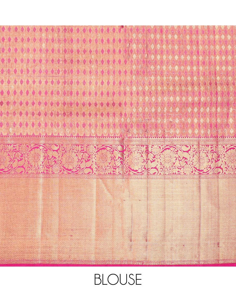 Sandal floral jacquard pure silk half saree with contrast zari design border, zari design blouse & floral zari design dhavani