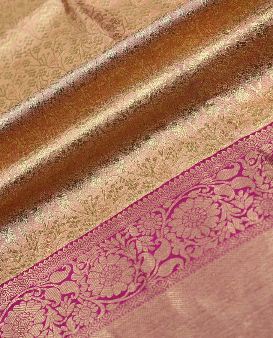 Sandal floral jacquard pure silk half saree with contrast zari design border, zari design blouse & floral zari design dhavani