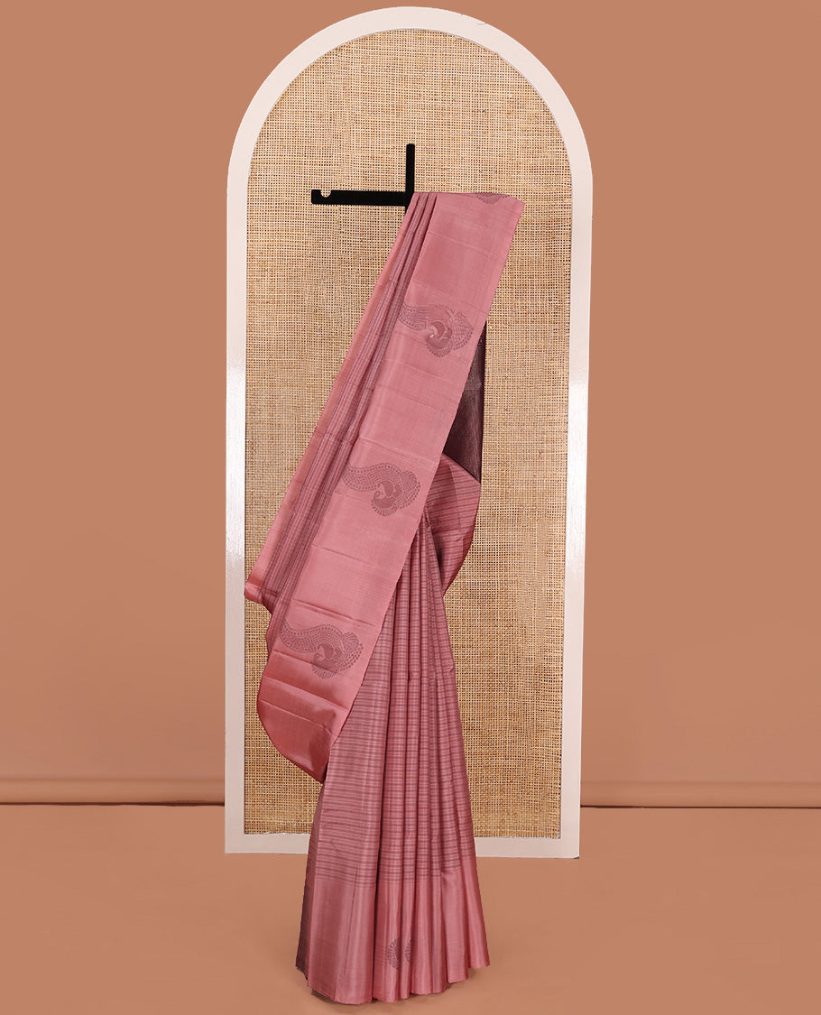 Pink checked Kanchipuram silk saree, self-border of mayil motifs, and contrast pallu of stripes