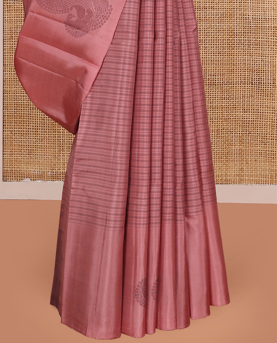 Pink checked Kanchipuram silk saree, self-border of mayil motifs, and contrast pallu of stripes