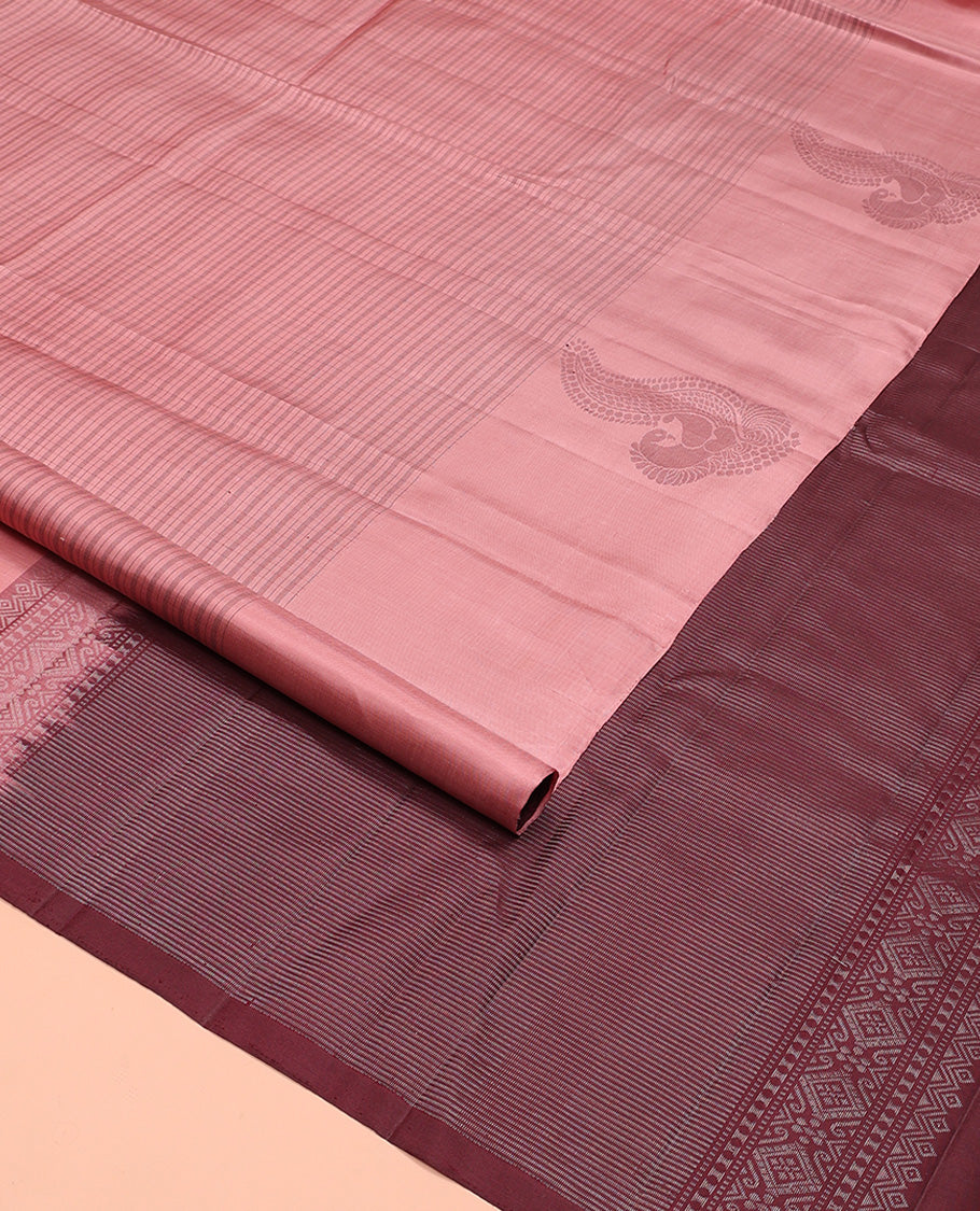Pink checked Kanchipuram silk saree, self-border of mayil motifs, and contrast pallu of stripes