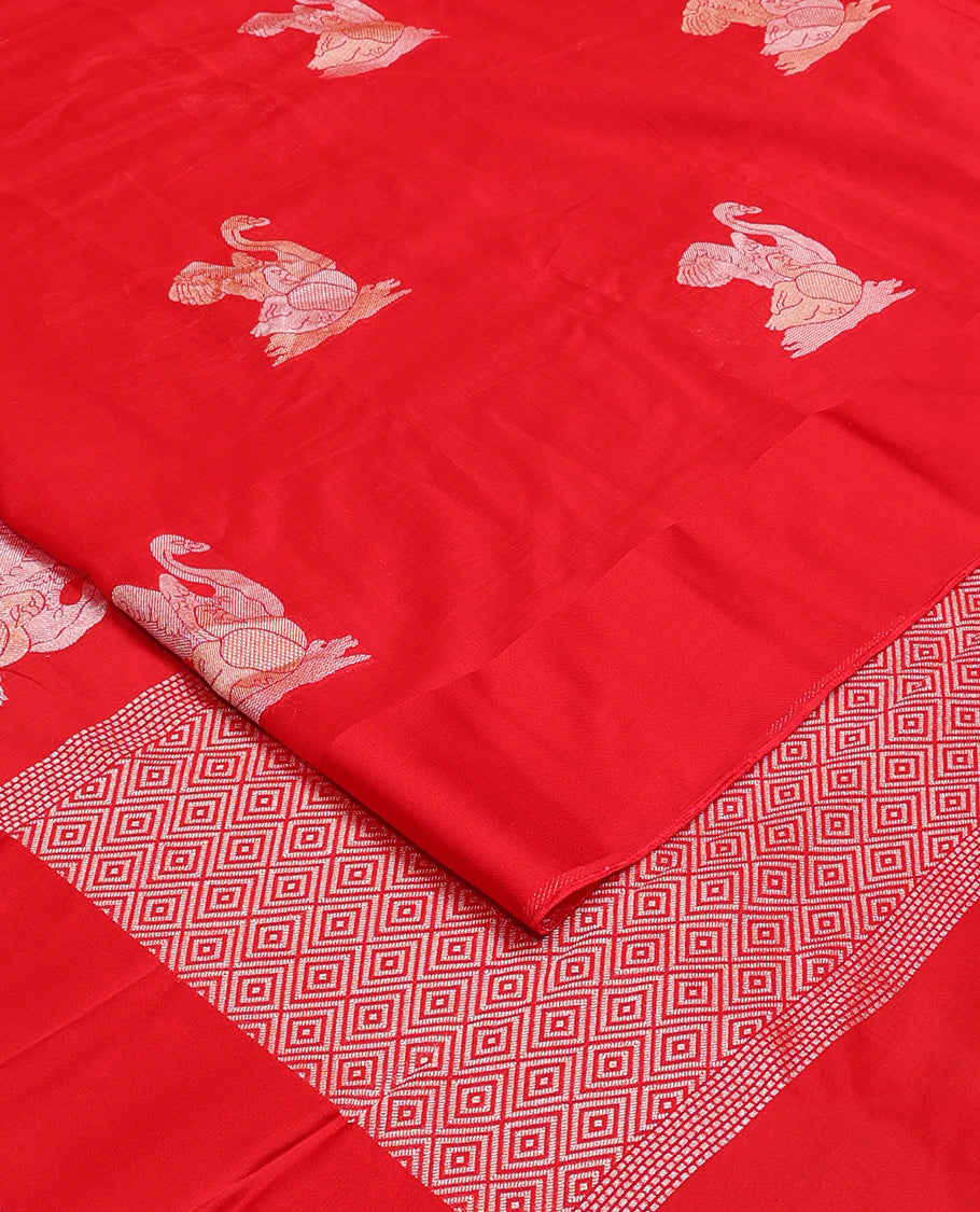 Red swan buttas and sparsely stripes woven silk saree, self-pallu of jaal design