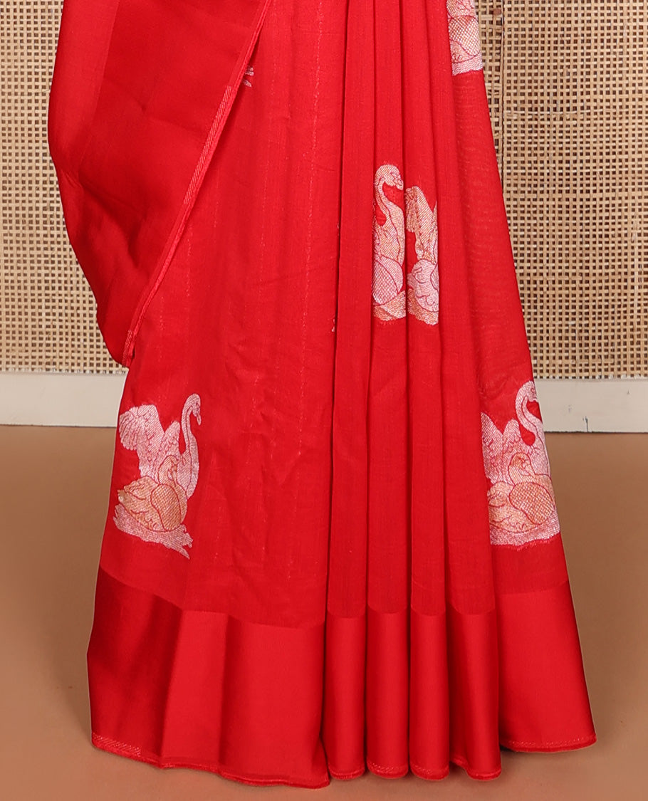 Red swan buttas and sparsely stripes woven silk saree, self-pallu of jaal design