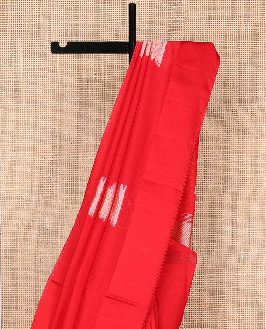 Red swan buttas and sparsely stripes woven silk saree, self-pallu of jaal design