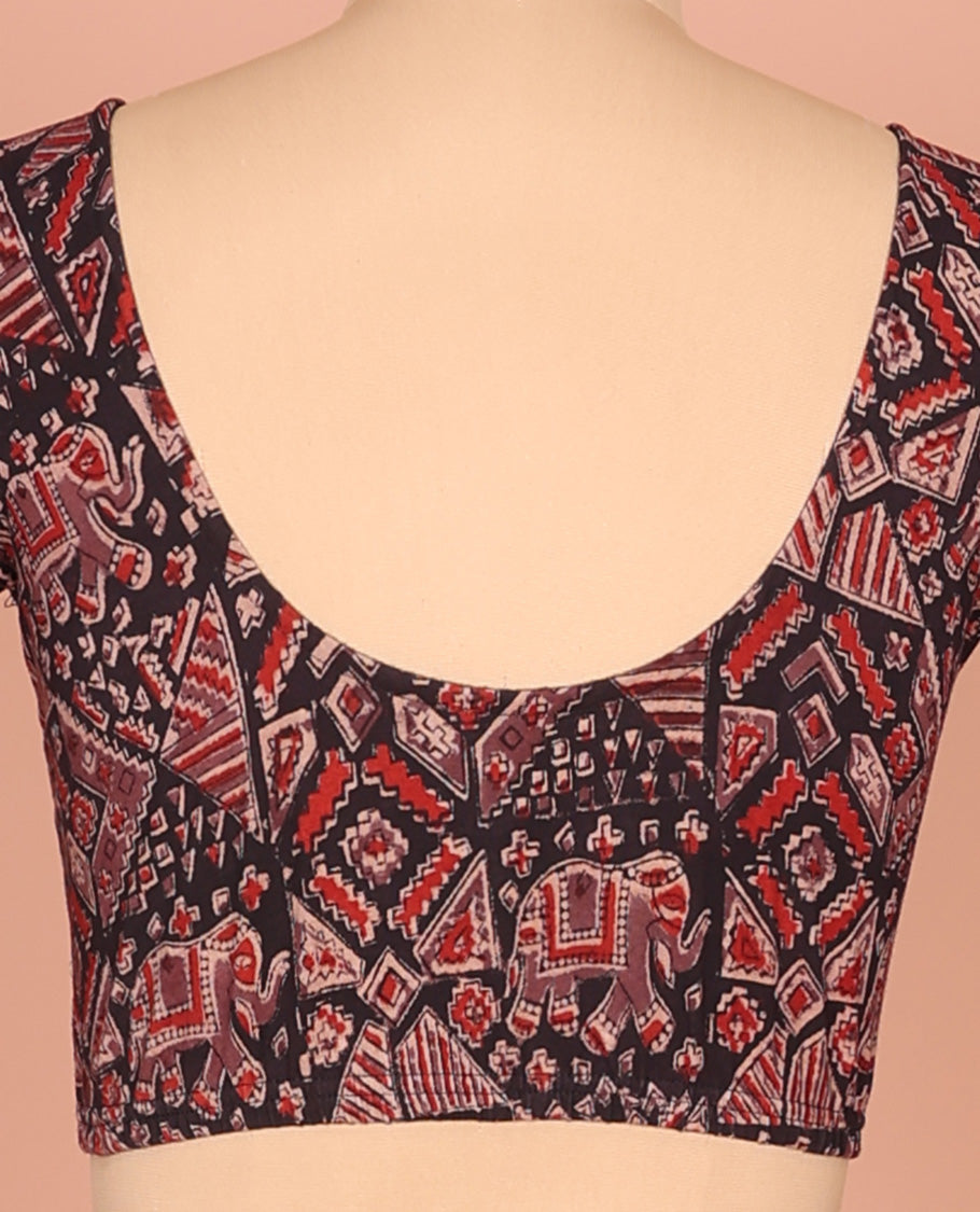 Black Cotton Readymade Blouse Subtly Printed with All-Over Geometric and Elephant Print, Featuring a Front Round-Neck, a Back Round-Neck, and Elbow Sleeves