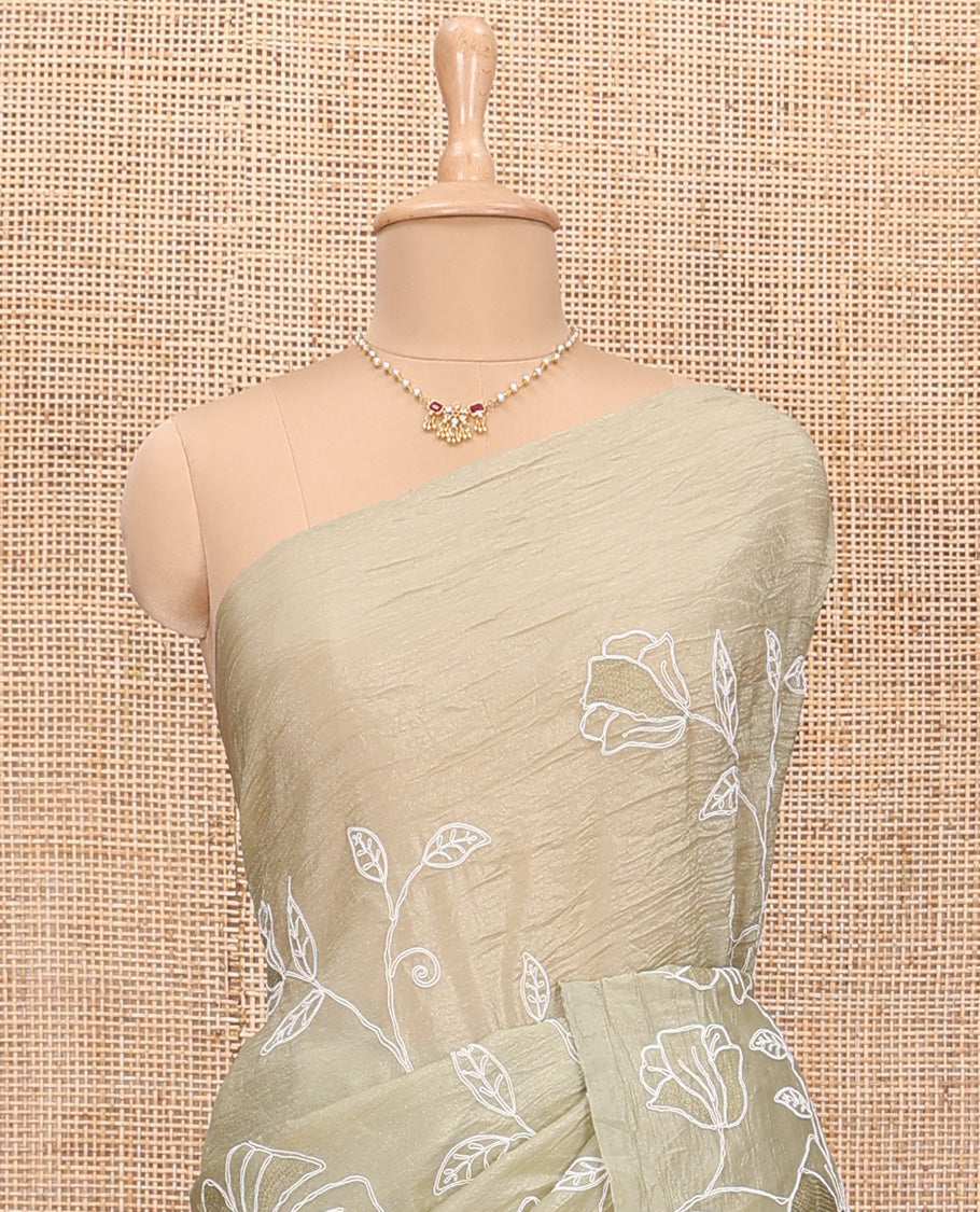 Borderless beige floral vine thread embroidered tissue saree, floral vine thread embroidered pallu