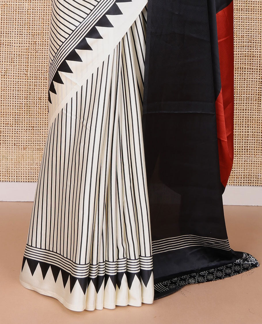 White with black vertical lining printed design semi modal crepe saree with temple border & circle butta pallu along with printed blouse