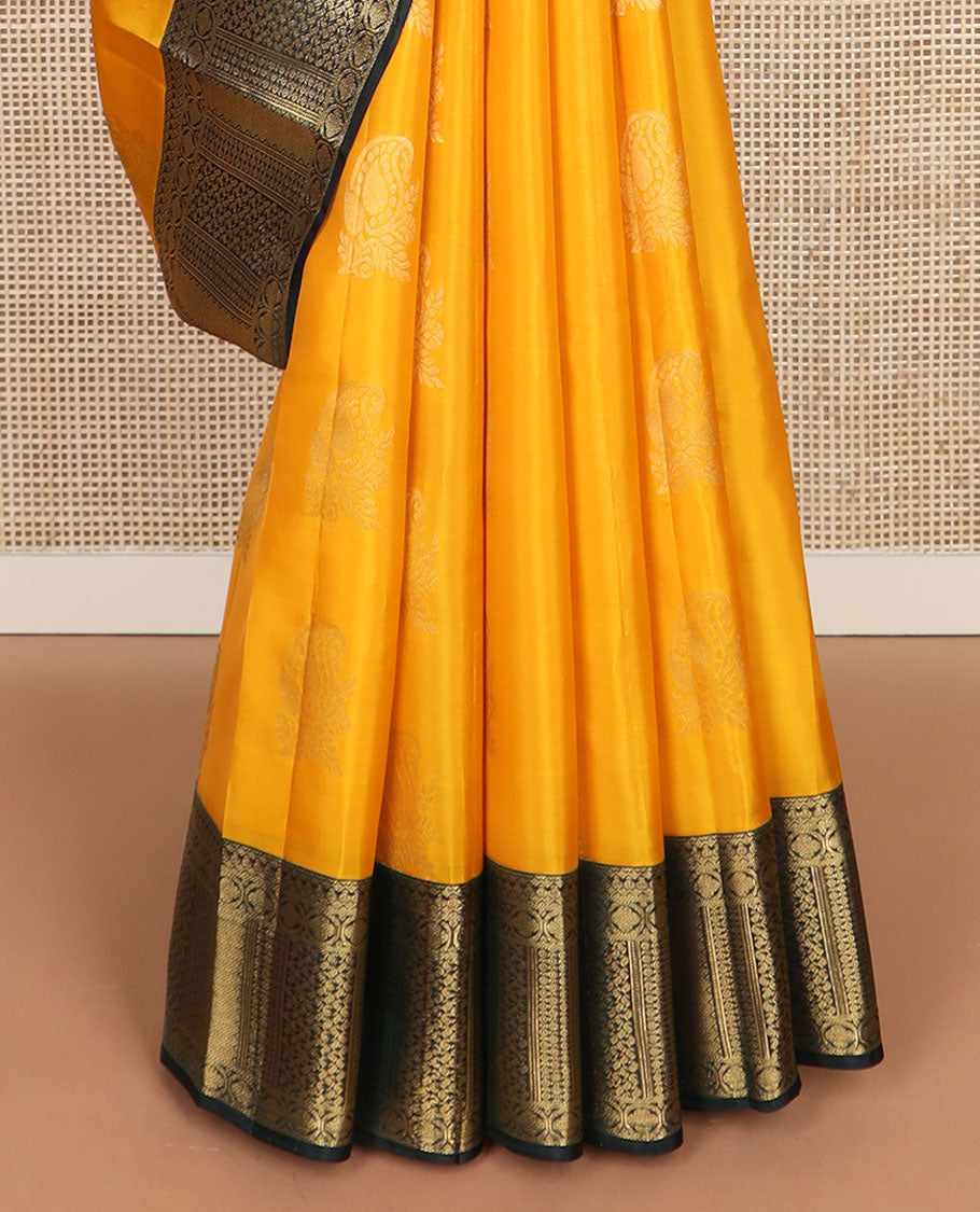 Yellow manga buttas vasundhara silk mix saree, contrast border & pallu of thilakam, neli, manga & other geometric patterns