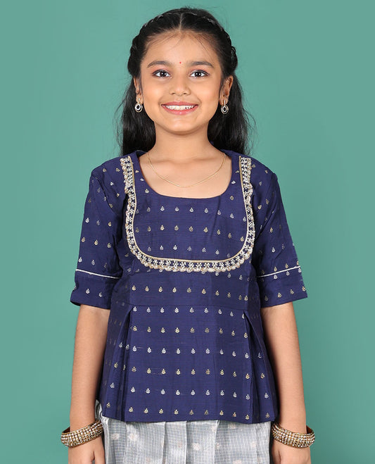 Blue readymade art silk pavadai, zari buttas & contrast traditional zari big border skirt & zari buttas elbow sleeve round-neck blouse