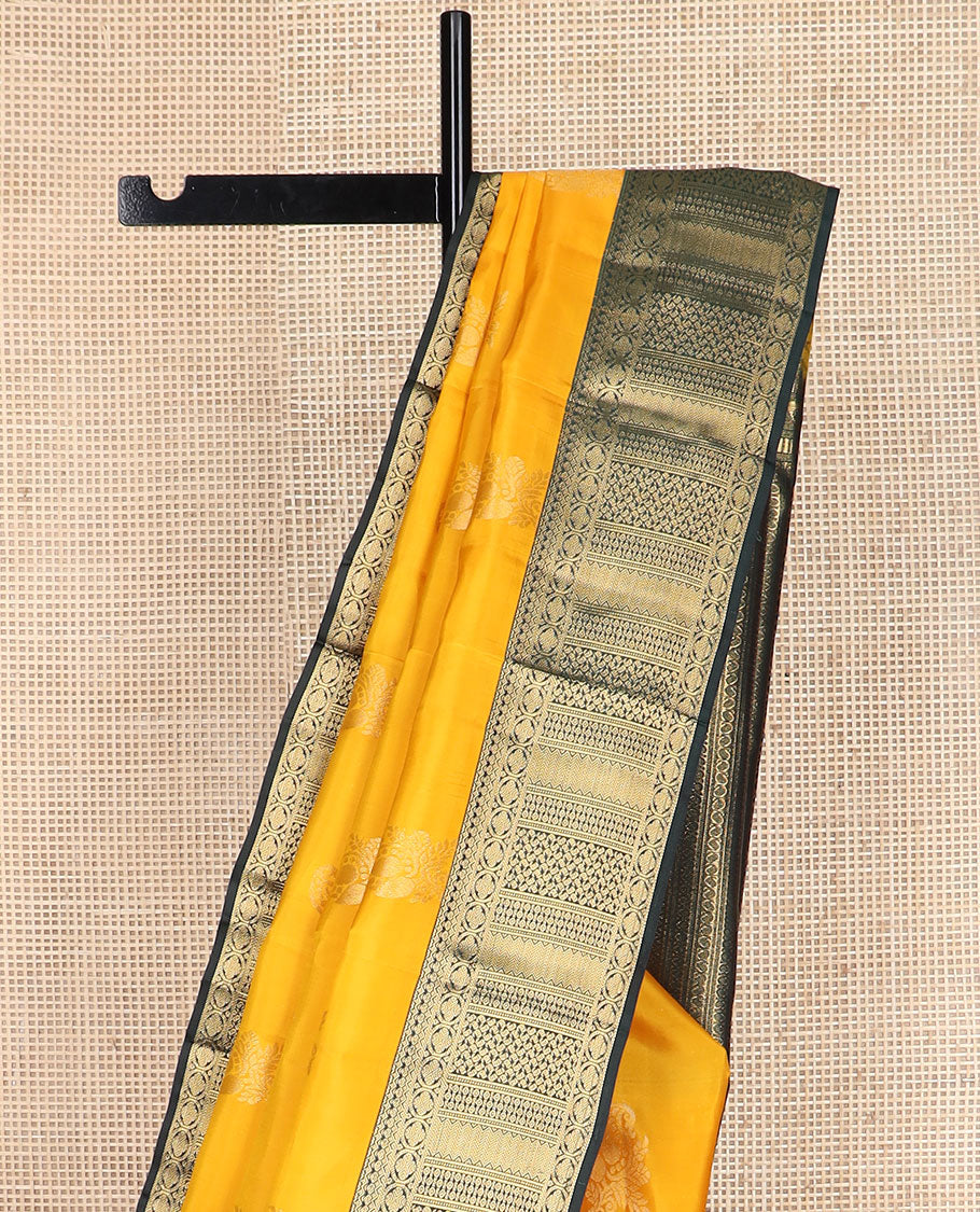 Yellow manga buttas vasundhara silk mix saree, contrast border & pallu of thilakam, neli, manga & other geometric patterns