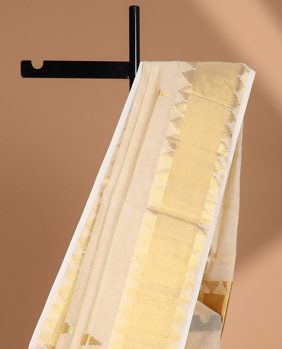 Cream triangle motifs kasavu saree with self temple border & temple design pallu