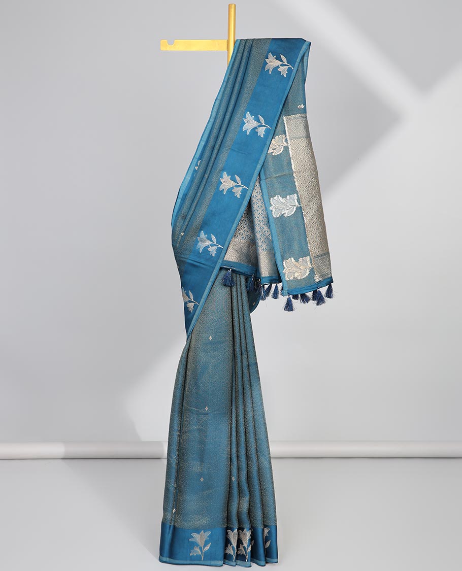 Blue floral design dola silk saree with self floral zari design & intricate zari design pallu