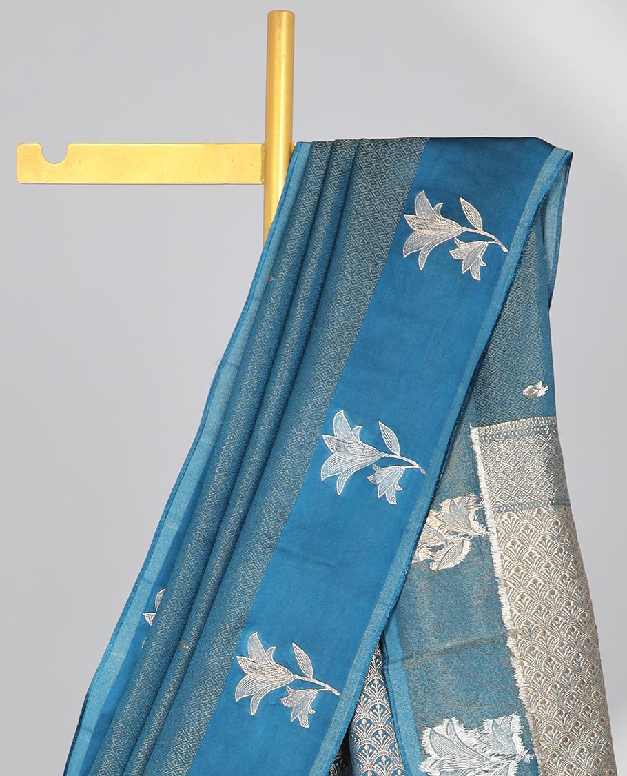Blue floral design dola silk saree with self floral zari design & intricate zari design pallu