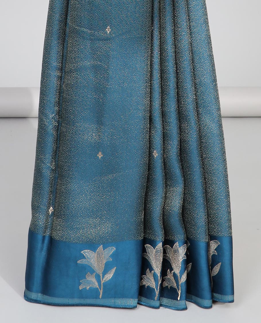 Blue floral design dola silk saree with self floral zari design & intricate zari design pallu
