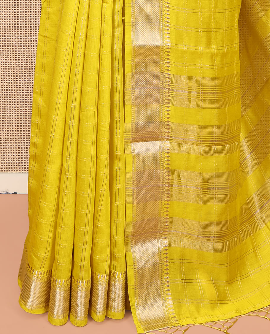 Yellow Checked Assam Silk Saree, Highlighted by a Traditional Zari Border, Zari-Striped Pallu, and a Matching Blouse
