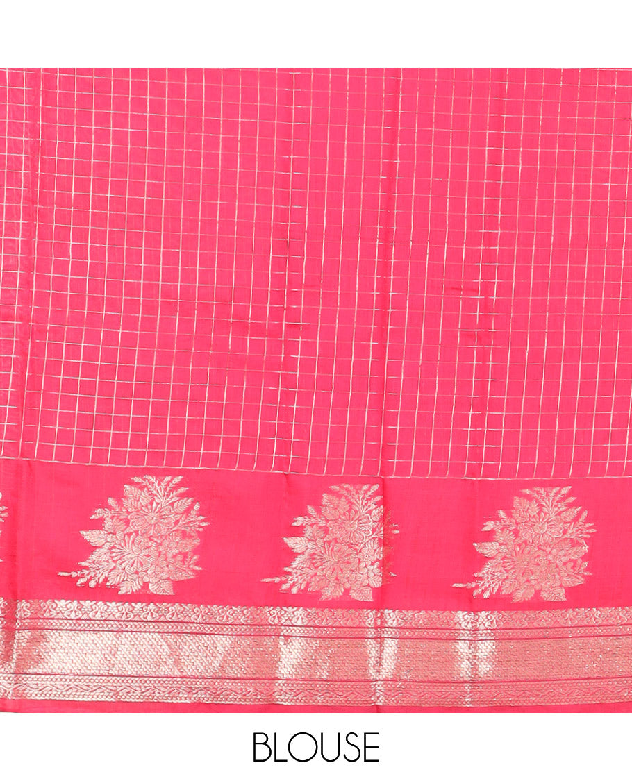 Yellow Assam Silk Saree Subtly Sparkled with Zari Checks, Complemented by Contrast Traditional Zari Border of Floral Designs, a Captivating Pallu of Zari Stripes, and Paired with a Contrast Blouse