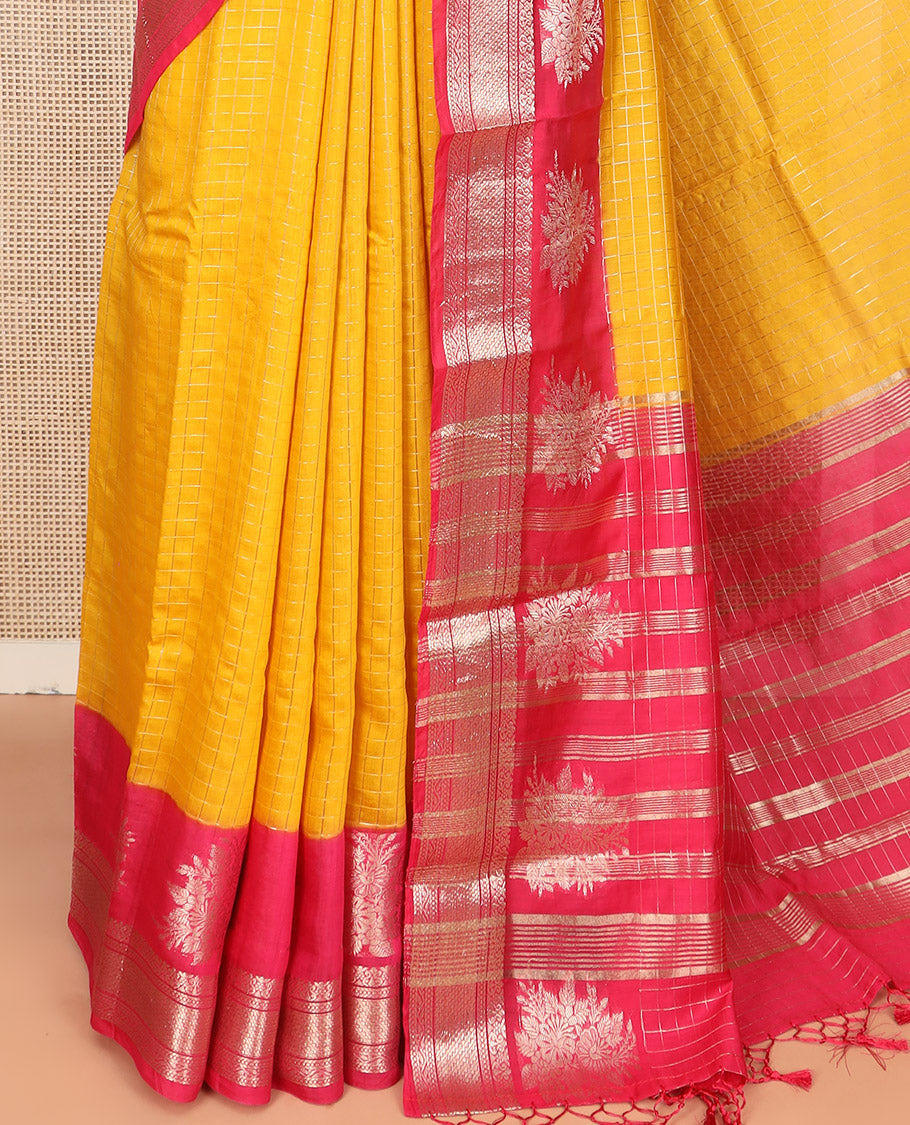 Yellow Assam Silk Saree Subtly Sparkled with Zari Checks, Complemented by Contrast Traditional Zari Border of Floral Designs, a Captivating Pallu of Zari Stripes, and Paired with a Contrast Blouse