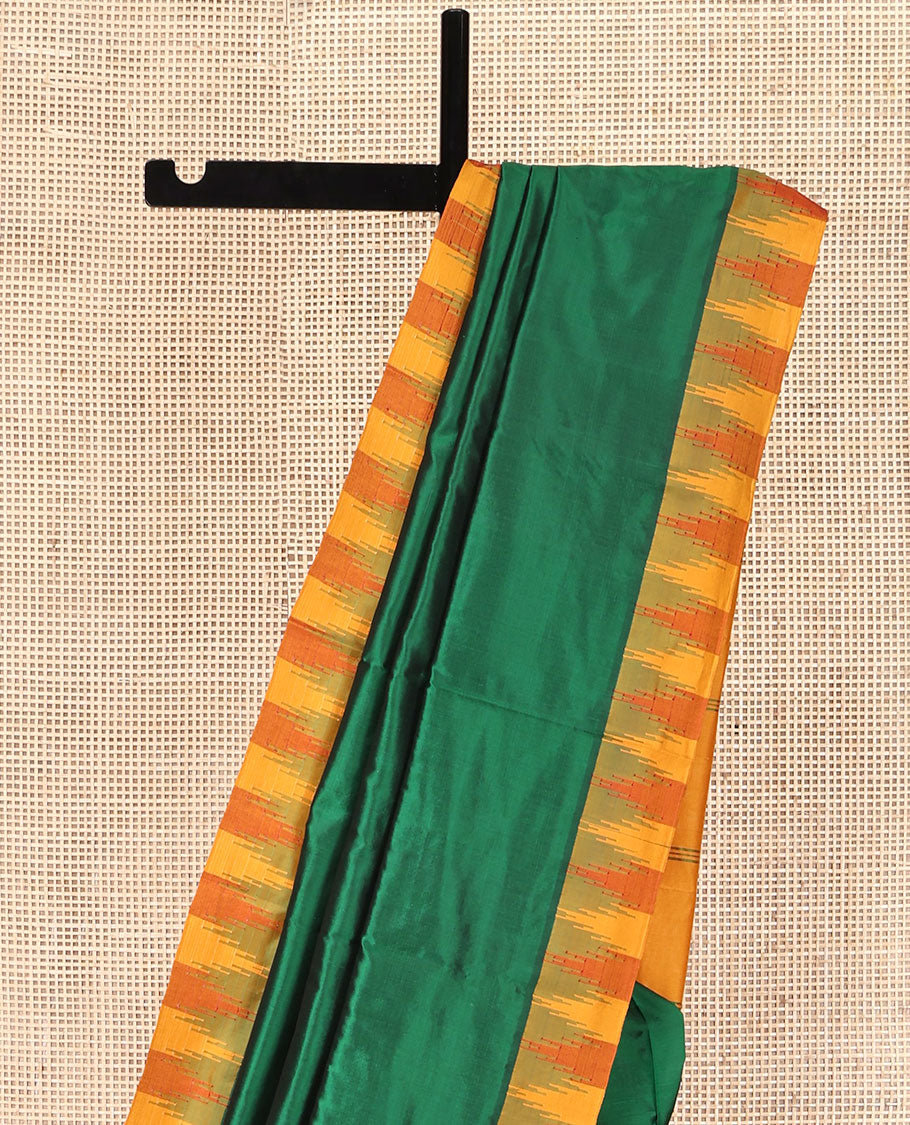 Green Plain Bangalore Silk Saree, Complemented by a Contrast Temple Border, Pallu of Stripes, and a Contrast Blouse