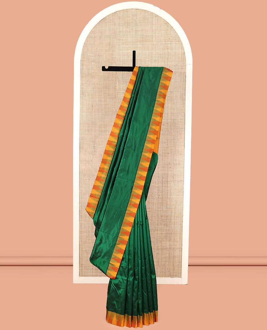 Green Plain Bangalore Silk Saree, Complemented by a Contrast Temple Border, Pallu of Stripes, and a Contrast Blouse