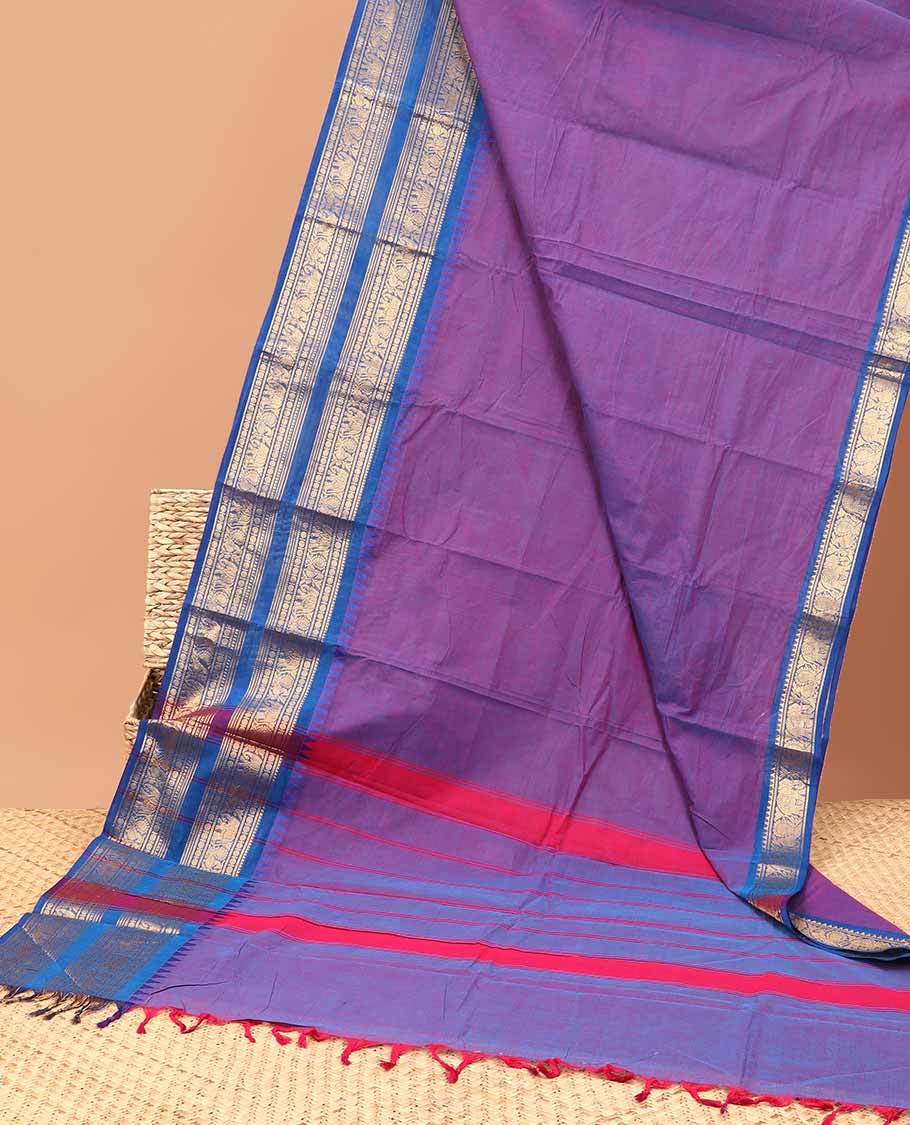 Violet cotton saree with contrast traditional zari design border & striped pallu