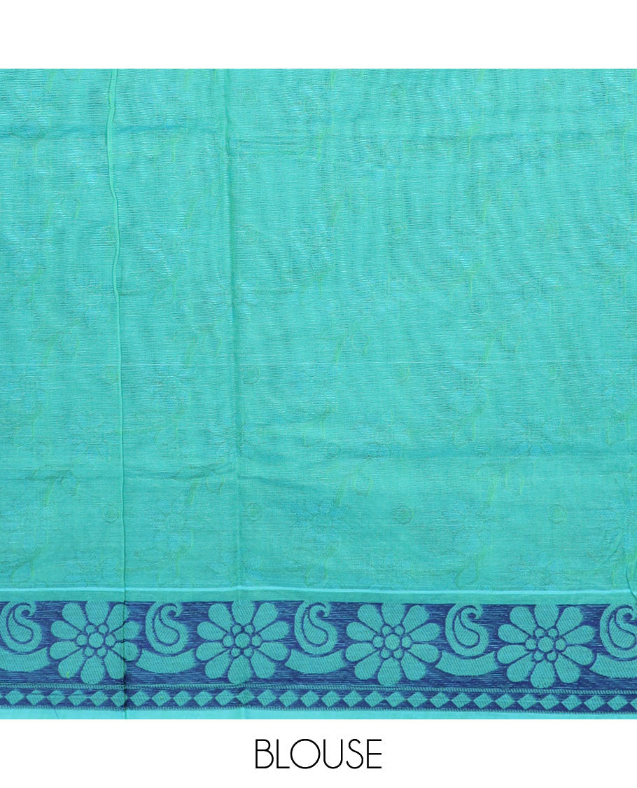 Blue diagonal floral vine Coimbatore cotton saree, floral-paisley border & contrast scallop design pallu