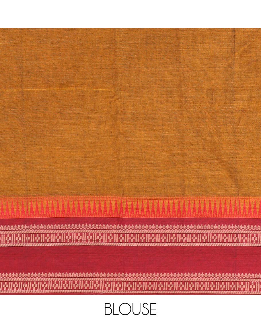 Mustard plain Narayanpet cotton saree, contrast rettai pettu temple traditional border, and striped pallu