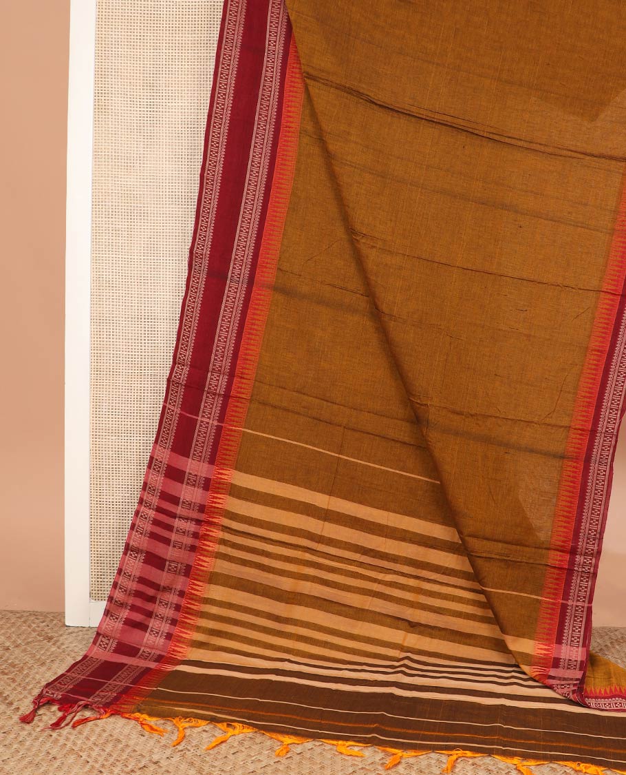 Mustard plain Narayanpet cotton saree, contrast rettai pettu temple traditional border, and striped pallu