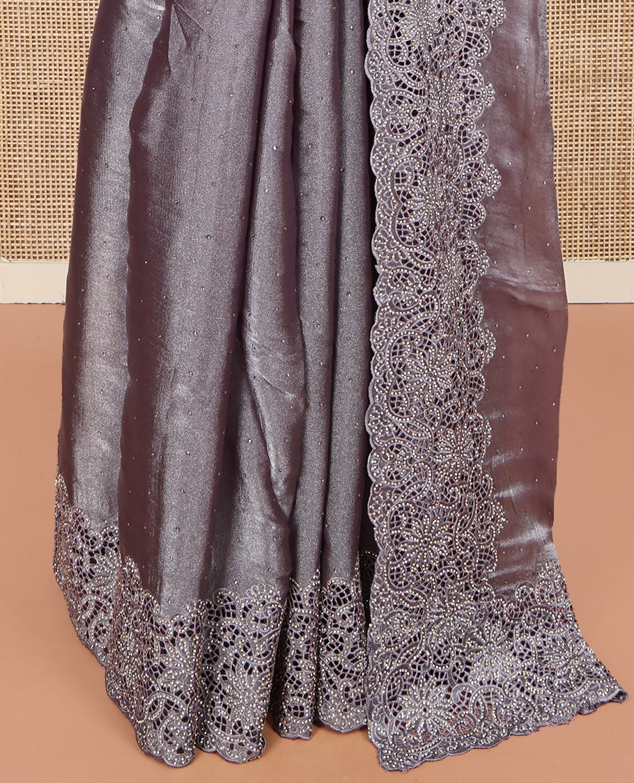 Grey Designer Saree, Decked Up with Stonework, Scallop-Cut Work Border, Self Pallu, and Matching Blouse