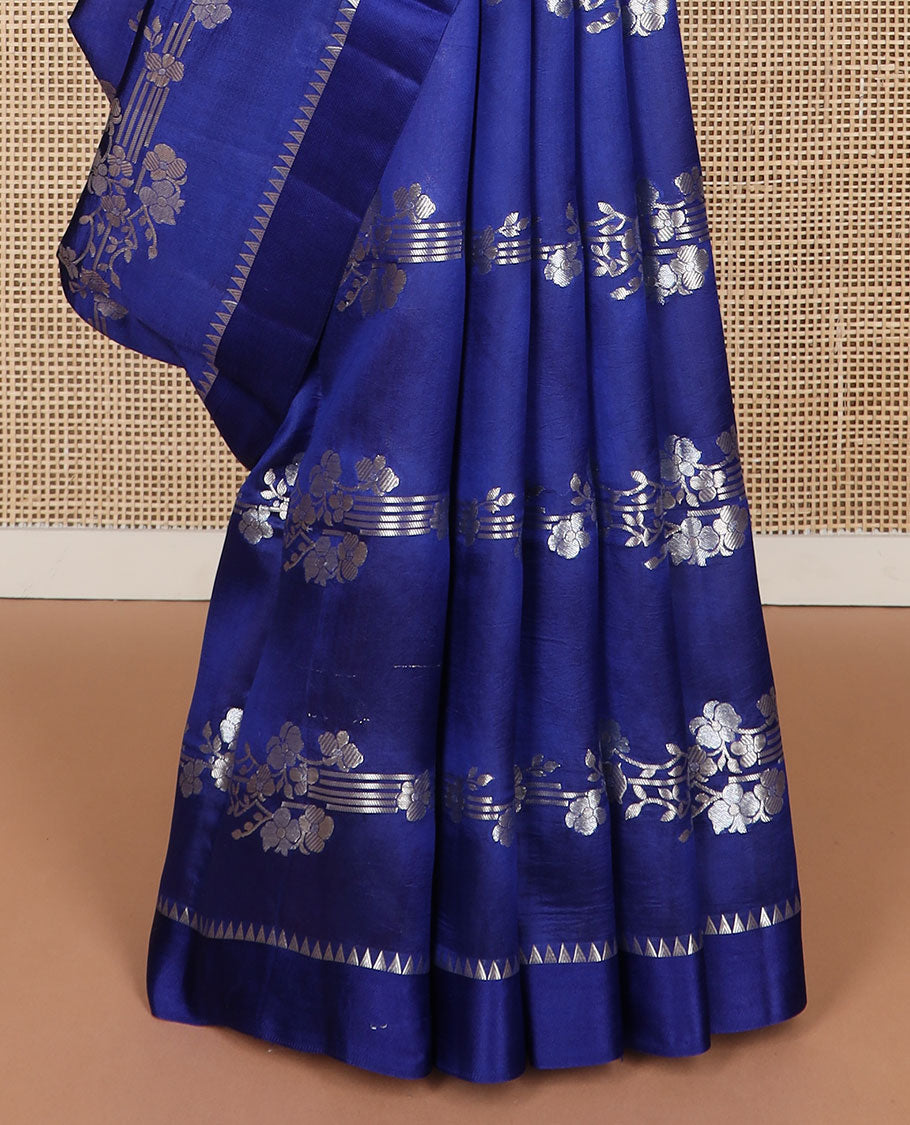 Blue striped floral design raw mango silk saree with self temple border & floral jaal design pallu