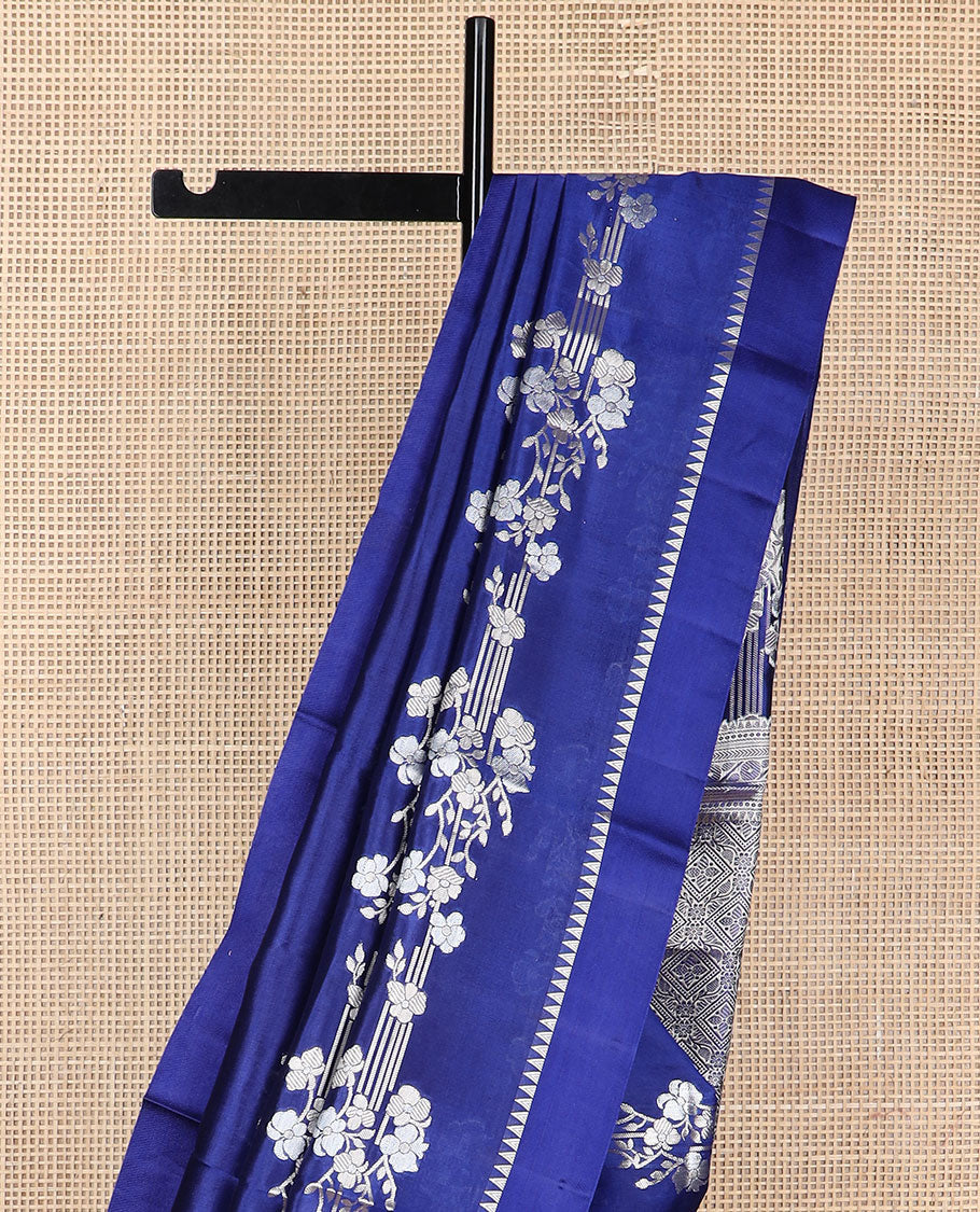 Blue striped floral design raw mango silk saree with self temple border & floral jaal design pallu