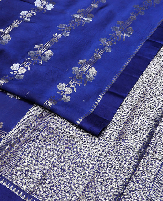 Blue striped floral design raw mango silk saree with self temple border & floral jaal design pallu