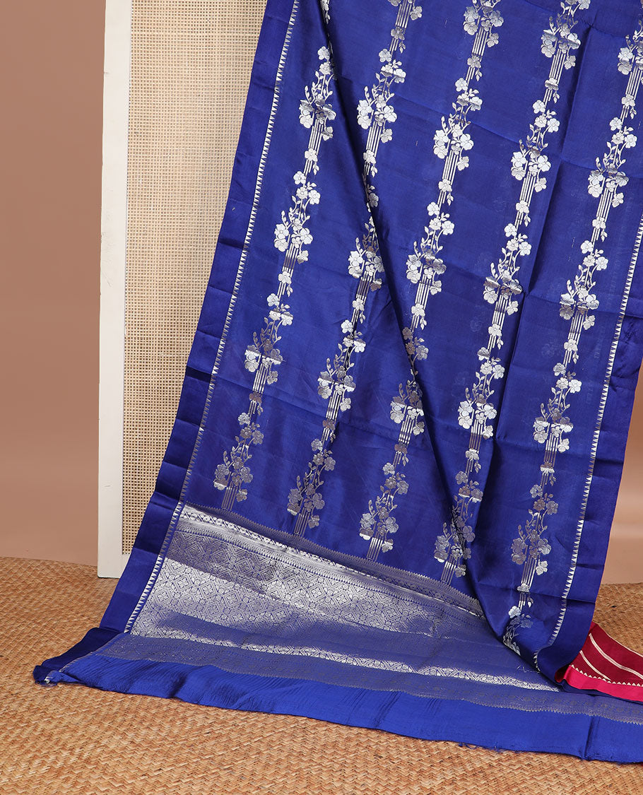 Blue striped floral design raw mango silk saree with self temple border & floral jaal design pallu