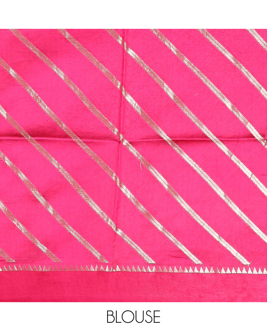 Blue striped floral design raw mango silk saree with self temple border & floral jaal design pallu