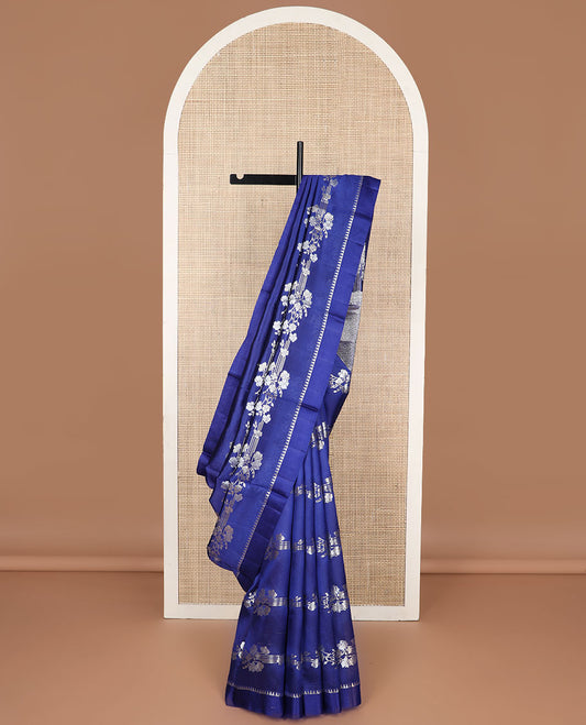 Blue striped floral design raw mango silk saree with self temple border & floral jaal design pallu
