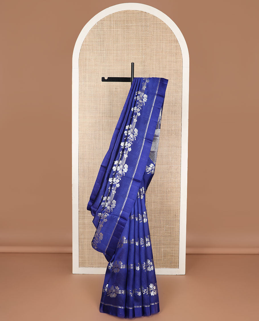 Blue striped floral design raw mango silk saree with self temple border & floral jaal design pallu