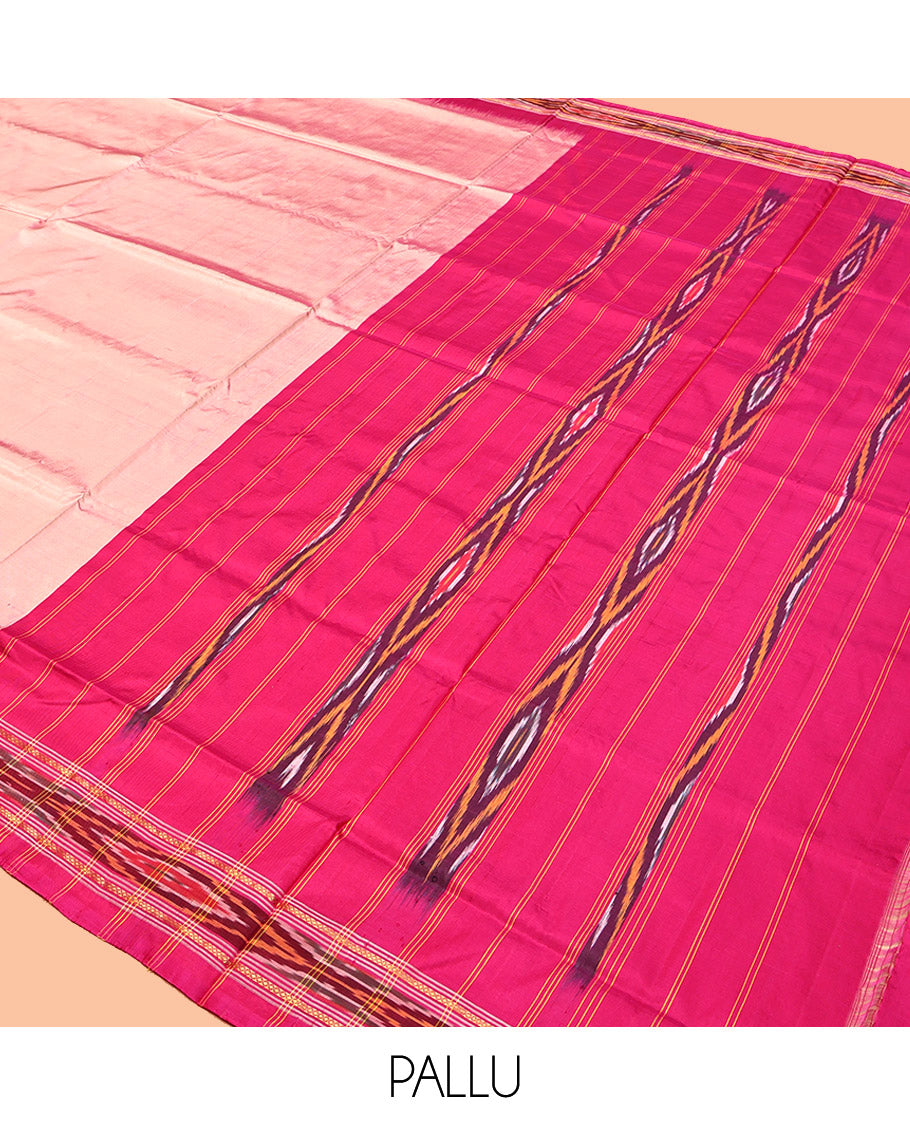 Pink Plain Pochampally Ikat Silk Saree, Complemented by a Contrast Ikat Textured Border, Ikat Pallu, and No Blouse