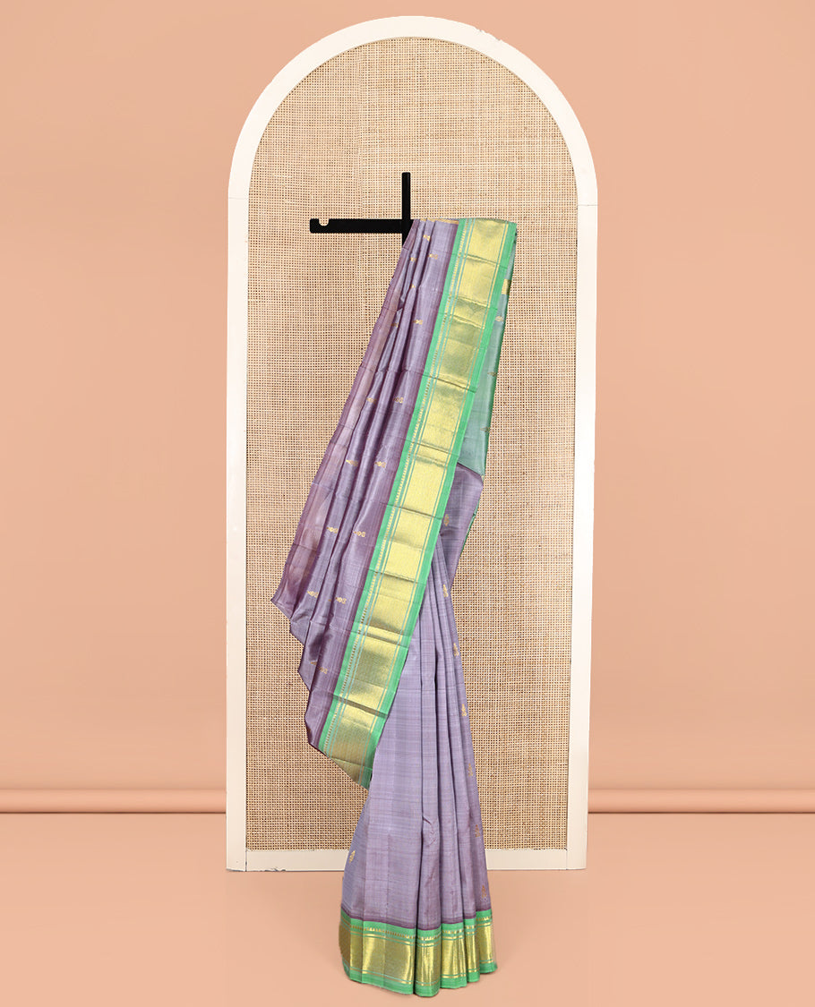 Grey Kanchipuram Silk Saree, Detailed with Zari Buttas, a Contrast One-Sided Border of Rekku, Banaras, and Jaal Designs, Zari Design Pallu, and No Blouse