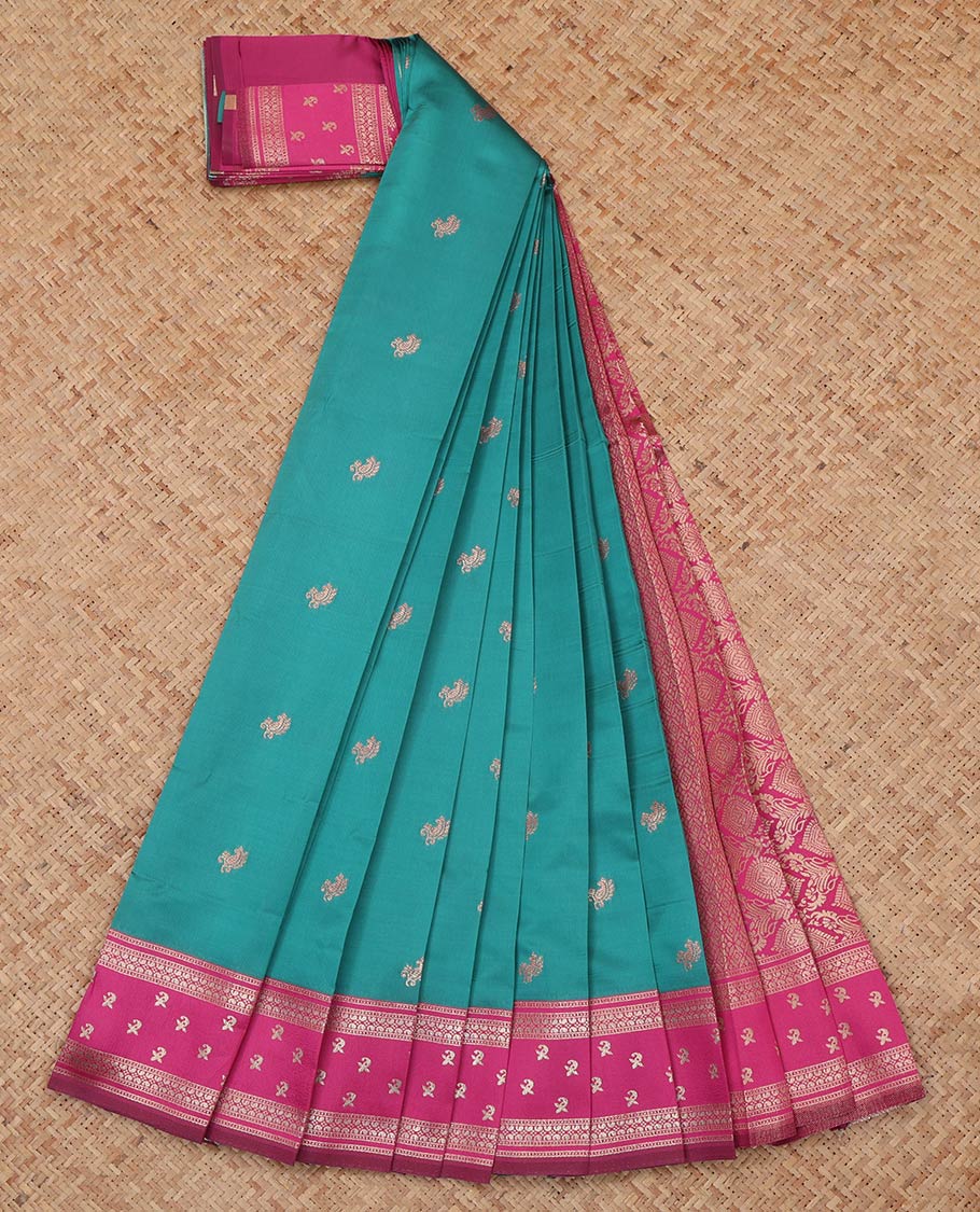 Blue Litchi Saree, Woven with Zari Buttas, a Contrast Traditional Zari Border, Intricately Designed Pallu, and a Contrast Blouse