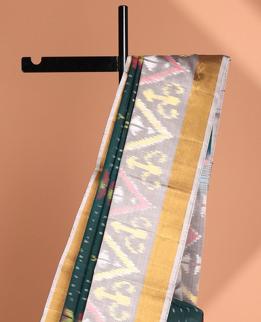 Green floral ikkat design soft silk saree, contrast ikkat design border & pallu of ikkat designs